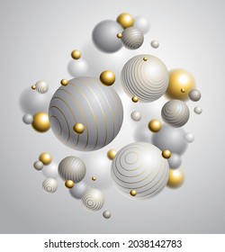 Abstract spheres vector background, composition of flying balls decorated with lines, 3D mixed realistic globes, realistic depth of field effect.