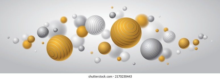 Abstract spheres vector background, composition of flying balls decorated with lines, 3D mixed realistic globes, realistic depth of field effect.