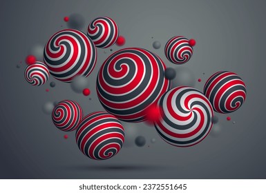Abstract spheres vector background, composition of flying balls decorated with patterns, 3D mixed variety realistic globes with ornaments, realistic depth of field effect.
