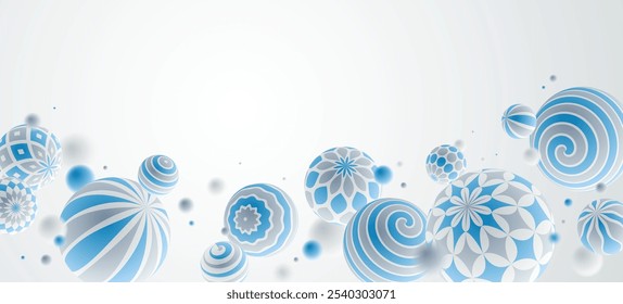 Esferas abstratas de fundo vetorial, composição de bolas voadoras decoradas com padrões, 3D globos realistas de variedade mista com ornamentos, com espaço de cópia em branco.