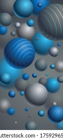 Abstract spheres vector background for phone, composition of flying balls decorated with lines smartphone wallpaper, 3D mixed realistic globes, realistic depth of field effect.