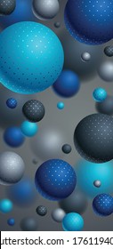 Esferas abstractas fondo vectorial para el teléfono, composición de bolas voladoras decoradas con puntos papel tapiz para smartphone, globos 3D mixtos realistas, profundidad realista de efecto de campo.