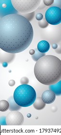 Abstract spheres vector background for phone, composition of flying balls decorated with dots smartphone wallpaper, 3D mixed realistic globes, realistic depth of field effect.