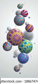 Abstract spheres vector background for phone, composition of flying balls decorated with patterns smartphone wallpaper, 3D mixed realistic globes, depth of field effect.