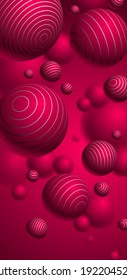 Abstract spheres vector background for phone, composition of flying balls decorated with lines smartphone wallpaper, 3D mixed realistic globes, realistic depth of field effect.