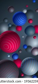 Abstract spheres vector background for phone, composition of flying balls decorated with lines smartphone wallpaper, 3D mixed realistic globes, realistic depth of field effect.