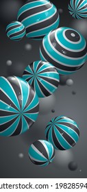 Abstract spheres vector background for phone, composition of flying balls decorated with patterns smartphone wallpaper, 3D mixed realistic globes, depth of field effect.