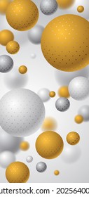 Abstract spheres vector background for phone, composition of flying balls decorated with dots smartphone wallpaper, 3D mixed realistic globes, realistic depth of field effect.