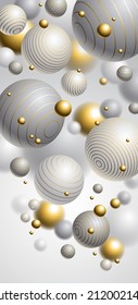 Abstract spheres vector background for phone, composition of flying balls decorated with lines smartphone wallpaper, 3D mixed realistic globes, realistic depth of field effect.