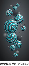 Abstract spheres vector background for phone, composition of flying balls decorated with patterns smartphone wallpaper, 3D mixed realistic globes, depth of field effect.