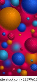Abstract spheres vector background for phone, composition of flying balls decorated with dots smartphone wallpaper, 3D mixed realistic globes, realistic depth of field effect.