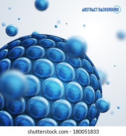 Abstract spheres. Vector illustration. Molecules. Molecular structure. Blue background with 3D particles out of focus. Science concept.