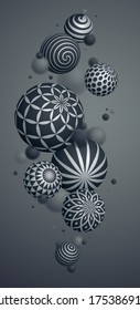 Abstract spheres vector phone background, composition of flying balls decorated with patterns, 3D mixed variety realistic globes with ornaments, smartphone wallpaper.
