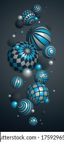 Abstract spheres vector phone background, composition of flying balls decorated with patterns, 3D mixed variety realistic globes with ornaments, smartphone wallpaper.
