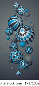 Abstract spheres vector phone background, composition of flying balls decorated with patterns, 3D mixed variety realistic globes with ornaments, smartphone wallpaper.