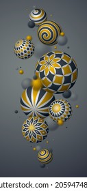 Abstract spheres vector phone background, composition of flying balls decorated with patterns, 3D mixed variety realistic globes with ornaments, smartphone wallpaper.