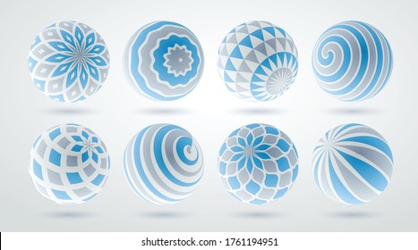 Abstract spheres vector set, collection of balls decorated with patterns, 3D mixed variety realistic globes with ornaments collection.