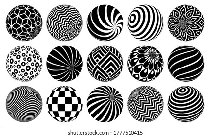 Abstract spheres vector set, collection of balls decorated with patterns, 3D mixed variety globes with ornaments collection, single color black and white useful for logos.