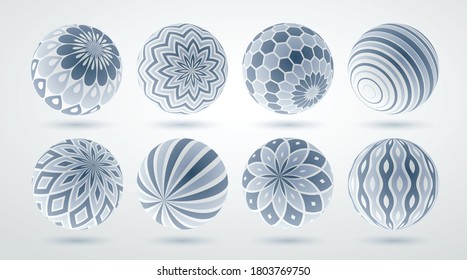 Abstract spheres vector set, collection of balls decorated with patterns, 3D mixed variety realistic globes with ornaments collection.