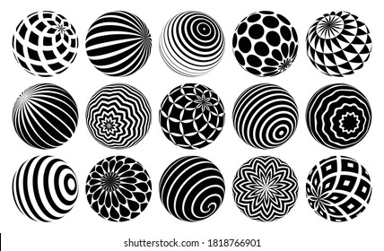 Abstract spheres vector set, collection of balls decorated with patterns, 3D mixed variety globes with ornaments collection, single color black and white useful for logos.