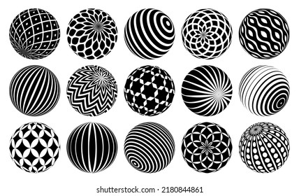 Abstract spheres vector set, collection of balls decorated with patterns, 3D mixed variety globes with ornaments collection, single color black and white useful for logos.