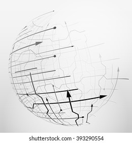Abstract spherical mesh of geometric lines. Globe grid surface with arrows and dots. Vector illustration