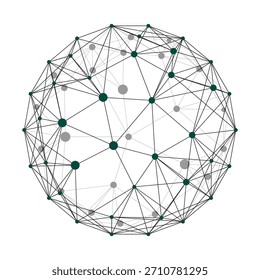 Abstract spherical network with dark green and gray nodes interconnected by black and gray lines on a white background, symbolizing global data, technology, and connectivity.
