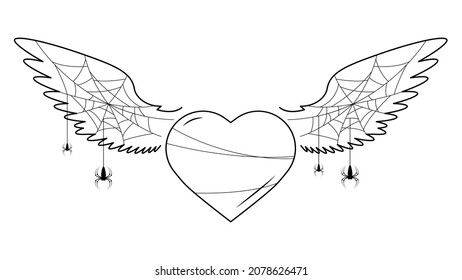 Abstract Spiders Heart with Witngs Web white Background. Flower Plant Brunch Halloween Background Design Element. Spooky, Scary Horror Decoration Vector