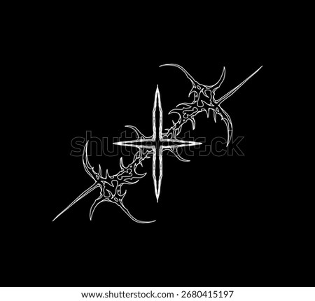 Abstract spiked cross with tribal elements in line art style, perfect for tattoo design, gothic emblem, t-shirt, sticker, or poster artwork