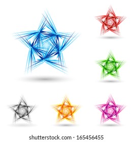 Abstract spiky star with set of color variations on white.
