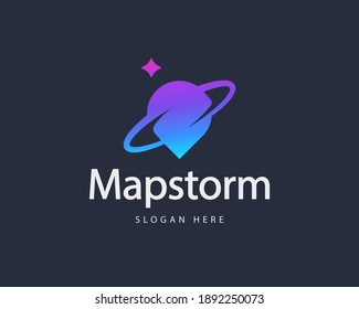 Abstract spinning pin colorful gradient logo design template. Minimalistic pointer, navigation, direction vector sign symbol mark logotype.