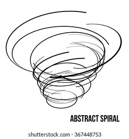 Abstract spiral black lines with text.