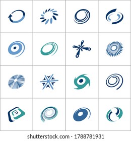 Resumen del círculo espiral y elementos de diseño de forma cruzada. Conjunto de iconos abstractos. Arte vectorial.