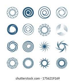 Abstract spiral circles set. Fashionable round swirls in form whirlpool lines effect rotational motion illustration subspace portals symbols ancient runic solstice. Vector abstract symbolism.