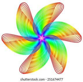 Abstract spiral design with 6 fold rotational symmetry composed of lines in 50 rainbow colors. The vector file is an AI 8 compatible eps file.