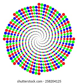 Abstract spiral design of dots of decreasing size with 8 fold rotational symmetry in RGB primary colors, red, green, and blue. The vector file is an AI 8 compatible eps file.
