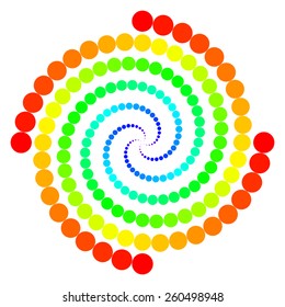 Abstract spiral design of dots of decreasing size with 4 fold rotational symmetry in 50 rainbow colors on a white background. The vector file is an AI 8 compatible eps file. 