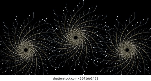 Abstract spiral design with intricate line structures and branching patterns, forming a futuristic and dynamic visual on a black background. and modern design elements.