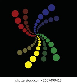 Abstract Spiral Design – Multicolored Circular Geometry on Black Background A striking digital composition featuring five spiraling rows of colored circles—red, brown, blue, green, and yellow—arranged