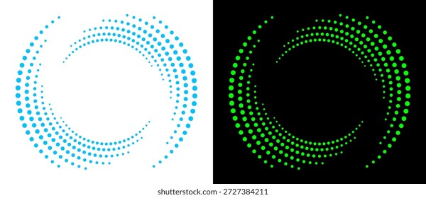 Abstractas patrón de puntos en espiral en azul y verde sobre fondos contrastantes. Efecto de ilusión óptica con movimiento circular dinámico y profundidad visual. Diseño minimalista moderno.