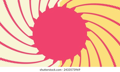 Abstract spiral dotted urgency vortex style symbol white and yellow line pink background.