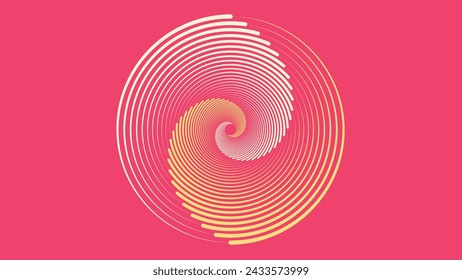 Abstract spiral dotted urgency vortex style symbol white and yellow line pink background.