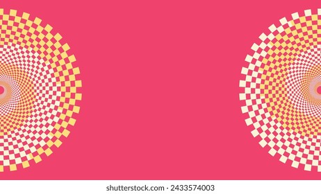 Abstract spiral dotted urgency vortex style symbol white and yellow line pink background.