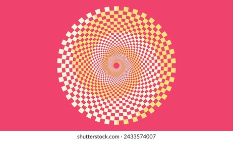 Abstract spiral dotted urgency vortex style symbol white and yellow line pink background.