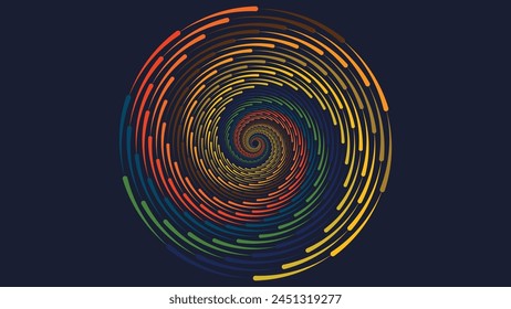 Abstract spiral dotted urgency vortex style thin line spinning round logo type background.