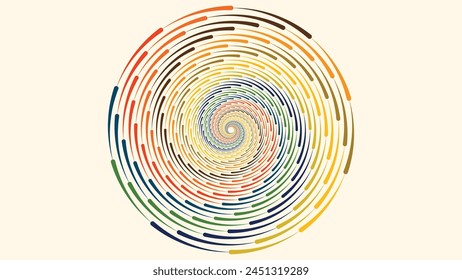 Abstract spiral dotted urgency vortex style thin line spinning round logo type background.