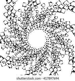 Abstract spiral element, background with angular motif. Squares with rotation, twirling distortion effect.
