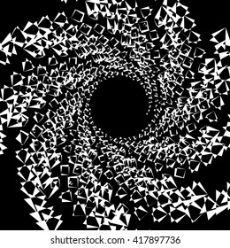 Abstract spiral element, background with angular motif. Squares with rotation, twirling distortion effect.