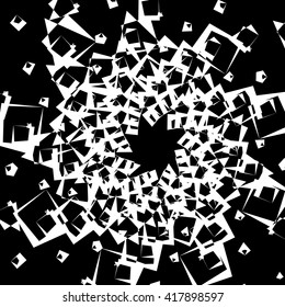 Abstract spiral element, background with angular motif. Squares with rotation, twirling distortion effect.