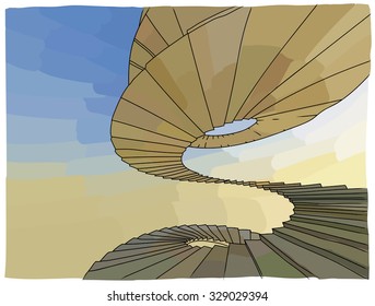 Abstract spiral endless staircase vector illustration over the blue sky